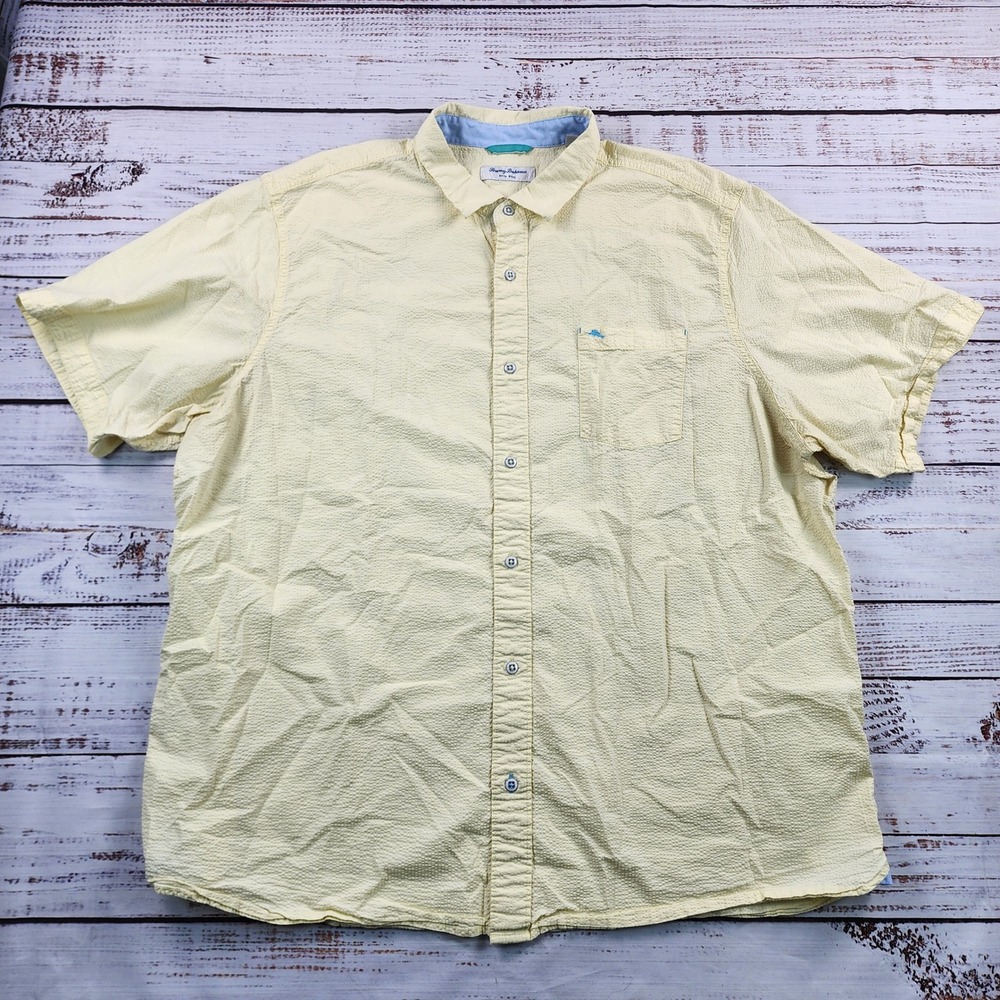 Tommy Bahama Nova Wave Seersucker Shirt Mens 3XLT Yellow Stretch Short Sleeve